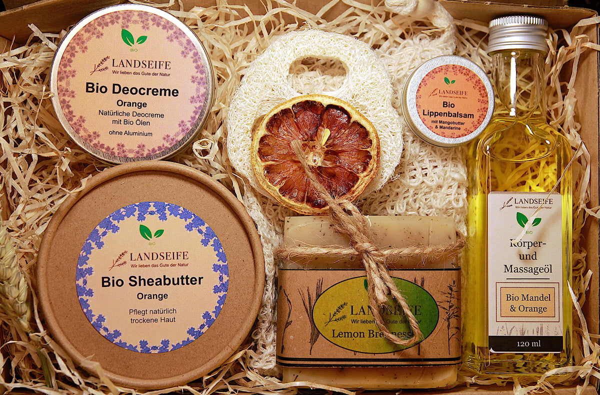 Naturseifen Set für Orangenliebhaber 7-teilig  - 5 x Bio Naturkosmetik + Seifensäckchen & Luffascheibe
